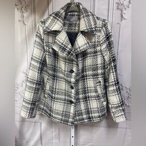 Valerie Stevens Black and White Wool Blend Plaid Pea Coat Small